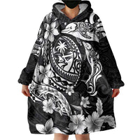 Guam Dolphins Tribal Tattoo Wearable Blanket Hoodie Polynesian Art and Tropical Flower Grayscale