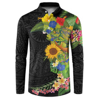 Hawaiian Tropical Plants and Chameleon Button Sweatshirt Polynesian Art Colorful - Polynesian Pride