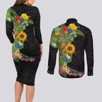 Hawaiian Tropical Plants and Chameleon Couples Matching Long Sleeve Bodycon Dress and Long Sleeve Button Shirt Polynesian Art Colorful - Polynesian Pride