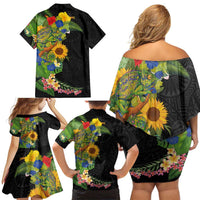 Hawaiian Tropical Plants and Chameleon Family Matching Off Shoulder Short Dress and Hawaiian Shirt Polynesian Art Colorful - Polynesian Pride