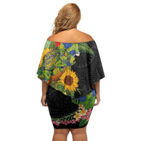 Hawaiian Tropical Plants and Chameleon Family Matching Off Shoulder Short Dress and Hawaiian Shirt Polynesian Art Colorful - Polynesian Pride