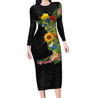Hawaiian Tropical Plants and Chameleon Long Sleeve Bodycon Dress Polynesian Art Colorful - Polynesian Pride