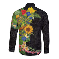 Hawaiian Tropical Plants and Chameleon Long Sleeve Button Shirt Polynesian Art Colorful - Polynesian Pride