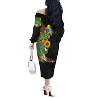 Hawaiian Tropical Plants and Chameleon Off The Shoulder Long Sleeve Dress Polynesian Art Colorful LT03 - Polynesian Pride
