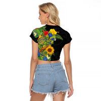 Hawaiian Tropical Plants and Chameleon Raglan Cropped T Shirt Polynesian Art Colorful - Polynesian Pride