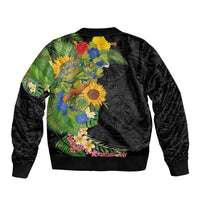 Hawaiian Tropical Plants and Chameleon Sleeve Zip Bomber Jacket Polynesian Art Colorful - Polynesian Pride