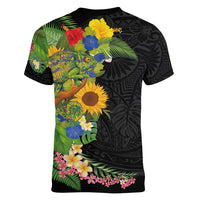 Hawaiian Tropical Plants and Chameleon Women V-Neck T-Shirt Polynesian Art Colorful - Polynesian Pride
