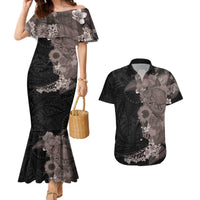 Hawaiian Tropical Plants and Chameleon Couples Matching Mermaid Dress and Hawaiian Shirt Polynesian Art Grayscale - Polynesian Pride