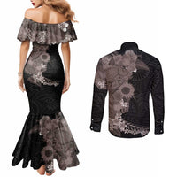 Hawaiian Tropical Plants and Chameleon Couples Matching Mermaid Dress and Long Sleeve Button Shirt Polynesian Art Grayscale - Polynesian Pride