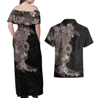 Hawaiian Tropical Plants and Chameleon Couples Matching Off Shoulder Maxi Dress and Hawaiian Shirt Polynesian Art Grayscale - Polynesian Pride