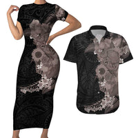 Hawaiian Tropical Plants and Chameleon Couples Matching Short Sleeve Bodycon Dress and Hawaiian Shirt Polynesian Art Grayscale - Polynesian Pride