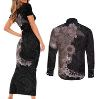 Hawaiian Tropical Plants and Chameleon Couples Matching Short Sleeve Bodycon Dress and Long Sleeve Button Shirt Polynesian Art Grayscale - Polynesian Pride