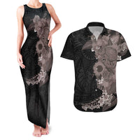 Hawaiian Tropical Plants and Chameleon Couples Matching Tank Maxi Dress and Hawaiian Shirt Polynesian Art Grayscale - Polynesian Pride