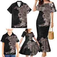 Hawaiian Tropical Plants and Chameleon Family Matching Mermaid Dress and Hawaiian Shirt Polynesian Art Grayscale - Polynesian Pride