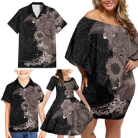 Hawaiian Tropical Plants and Chameleon Family Matching Off Shoulder Short Dress and Hawaiian Shirt Polynesian Art Grayscale - Polynesian Pride