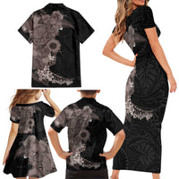 Hawaiian Tropical Plants and Chameleon Family Matching Short Sleeve Bodycon Dress and Hawaiian Shirt Polynesian Art Grayscale - Polynesian Pride