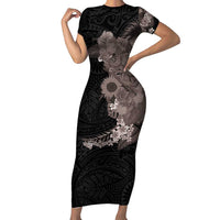 Hawaiian Tropical Plants and Chameleon Family Matching Short Sleeve Bodycon Dress and Hawaiian Shirt Polynesian Art Grayscale - Polynesian Pride