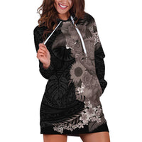 Hawaiian Tropical Plants and Chameleon Hoodie Dress Polynesian Art Grayscale - Polynesian Pride