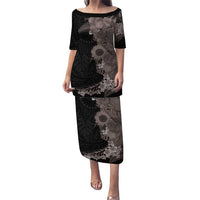 Hawaiian Tropical Plants and Chameleon Puletasi Polynesian Art Grayscale LT03 Long Dress Black - Polynesian Pride