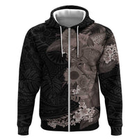 Hawaiian Tropical Plants and Chameleon Zip Hoodie Polynesian Art Grayscale - Polynesian Pride