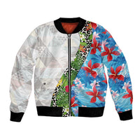 Hawaiian Tropical Flowers and Leaves Bomber Jacket on Leopard Pattern Half Style White-Blue Version - Polynesian Pride