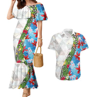 Hawaiian Tropical Flowers and Leaves Couples Matching Mermaid Dress and Hawaiian Shirt on Leopard Pattern Half Style White-Blue Version - Polynesian Pride