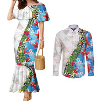 Hawaiian Tropical Flowers and Leaves Couples Matching Mermaid Dress and Long Sleeve Button Shirt on Leopard Pattern Half Style White-Blue Version - Polynesian Pride