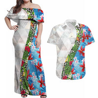 Hawaiian Tropical Flowers and Leaves Couples Matching Off Shoulder Maxi Dress and Hawaiian Shirt on Leopard Pattern Half Style White-Blue Version - Polynesian Pride
