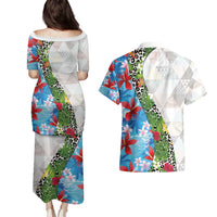 Hawaiian Tropical Flowers and Leaves Couples Matching Puletasi and Hawaiian Shirt on Leopard Pattern Half Style White-Blue Version - Polynesian Pride