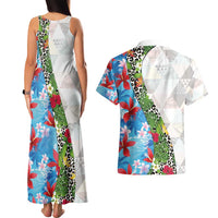 Hawaiian Tropical Flowers and Leaves Couples Matching Tank Maxi Dress and Hawaiian Shirt on Leopard Pattern Half Style White-Blue Version - Polynesian Pride