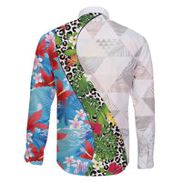 Hawaiian Tropical Flowers and Leaves Family Matching Long Sleeve Bodycon Dress and Hawaiian Shirt on Leopard Pattern Half Style White-Blue Version - Polynesian Pride