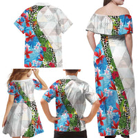 Hawaiian Tropical Flowers and Leaves Family Matching Off Shoulder Maxi Dress and Hawaiian Shirt on Leopard Pattern Half Style White-Blue Version - Polynesian Pride