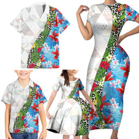 Hawaiian Tropical Flowers and Leaves Family Matching Short Sleeve Bodycon Dress and Hawaiian Shirt on Leopard Pattern Half Style White-Blue Version - Polynesian Pride