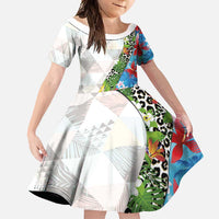 Hawaiian Tropical Flowers and Leaves Family Matching Summer Maxi Dress and Hawaiian Shirt on Leopard Pattern Half Style White-Blue Version - Polynesian Pride