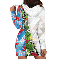 Hawaiian Tropical Flowers and Leaves Hoodie Dress on Leopard Pattern Half Style White-Blue Version - Polynesian Pride