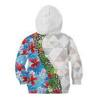 Hawaiian Tropical Flowers and Leaves Kid Hoodie on Leopard Pattern Half Style White-Blue Version - Polynesian Pride