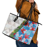 Hawaiian Tropical Flowers and Leaves Leather Tote Bag on Leopard Pattern Half Style White-Blue Version - Polynesian Pride