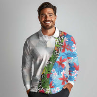 Hawaiian Tropical Flowers and Leaves Long Sleeve Polo Shirt on Leopard Pattern Half Style White-Blue Version - Polynesian Pride