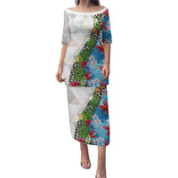 Hawaiian Tropical Flowers and Leaves Puletasi on Leopard Pattern Half Style White-Blue Version LT03 Long Dress White - Polynesian Pride