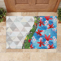 Hawaiian Tropical Flowers and Leaves Rubber Doormat on Leopard Pattern Half Style White-Blue Version - Polynesian Pride