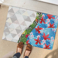 Hawaiian Tropical Flowers and Leaves Rubber Doormat on Leopard Pattern Half Style White-Blue Version - Polynesian Pride