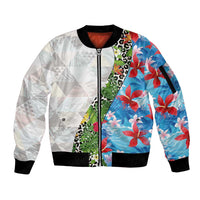 Hawaiian Tropical Flowers and Leaves Sleeve Zip Bomber Jacket on Leopard Pattern Half Style White-Blue Version - Polynesian Pride
