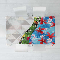Hawaiian Tropical Flowers and Leaves Tablecloth on Leopard Pattern Half Style White-Blue Version - Polynesian Pride