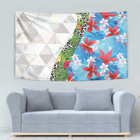 Hawaiian Tropical Flowers and Leaves Tapestry on Leopard Pattern Half Style White-Blue Version - Polynesian Pride
