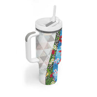 Hawaiian Tropical Flowers and Leaves Tumbler With Handle on Leopard Pattern Half Style White-Blue Version - Polynesian Pride