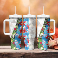 Hawaiian Tropical Flowers and Leaves Tumbler With Handle on Leopard Pattern Half Style White-Blue Version - Polynesian Pride