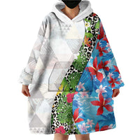 Hawaiian Tropical Flowers and Leaves Wearable Blanket Hoodie on Leopard Pattern Half Style White-Blue Version - Polynesian Pride