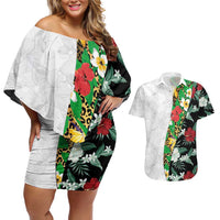 Hawaiian Tropical Flowers and Leaves Couples Matching Off Shoulder Short Dress and Hawaiian Shirt on Leopard Pattern Half Style White-Black Version - Polynesian Pride