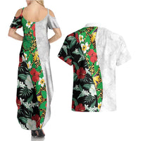 Hawaiian Tropical Flowers and Leaves Couples Matching Summer Maxi Dress and Hawaiian Shirt on Leopard Pattern Half Style White-Black Version - Polynesian Pride