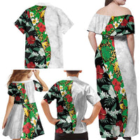 Hawaiian Tropical Flowers and Leaves Family Matching Off Shoulder Maxi Dress and Hawaiian Shirt on Leopard Pattern Half Style White-Black Version - Polynesian Pride
